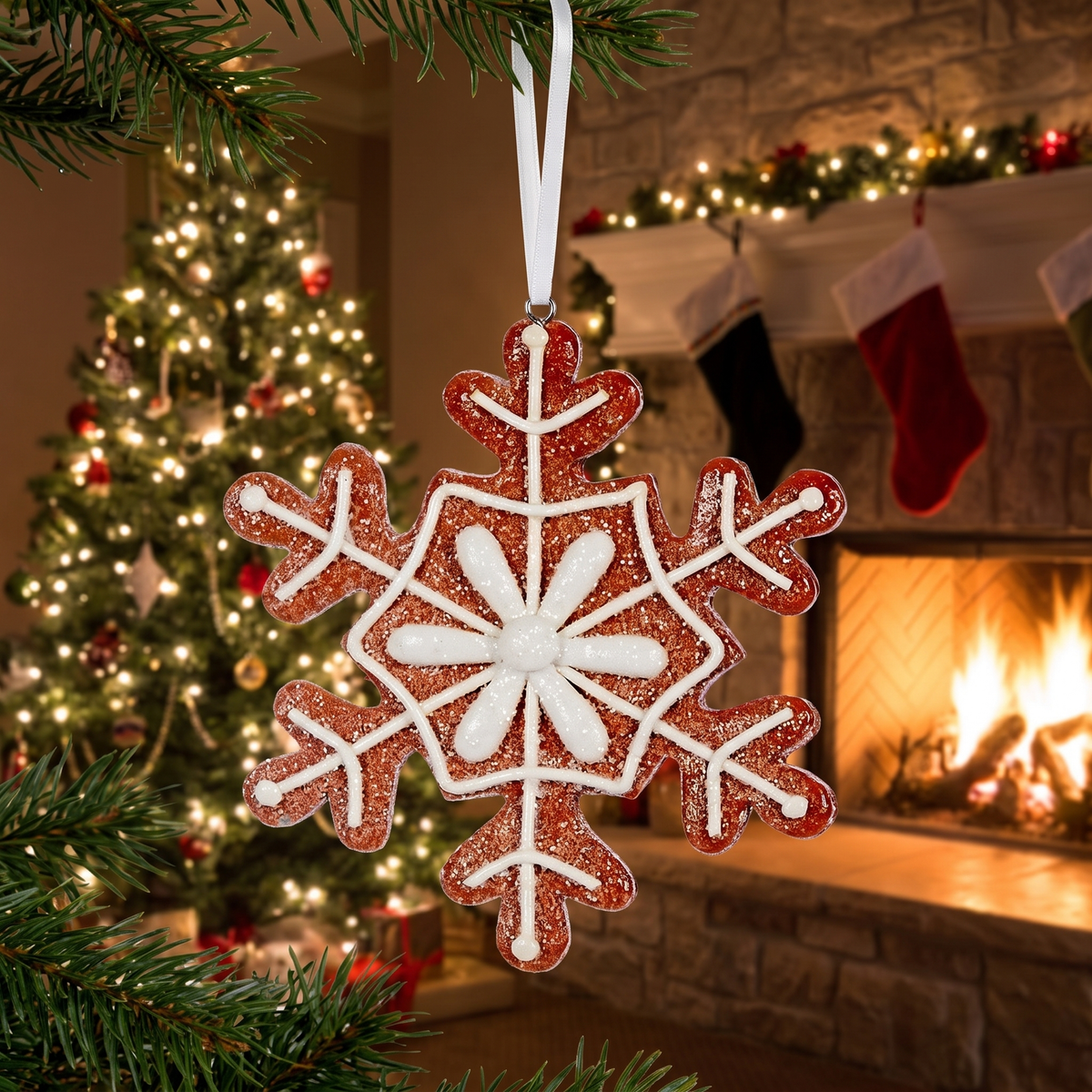 Piped Gingerbread Snowflake Hanging Ornament – 10.5cm – styled in a room