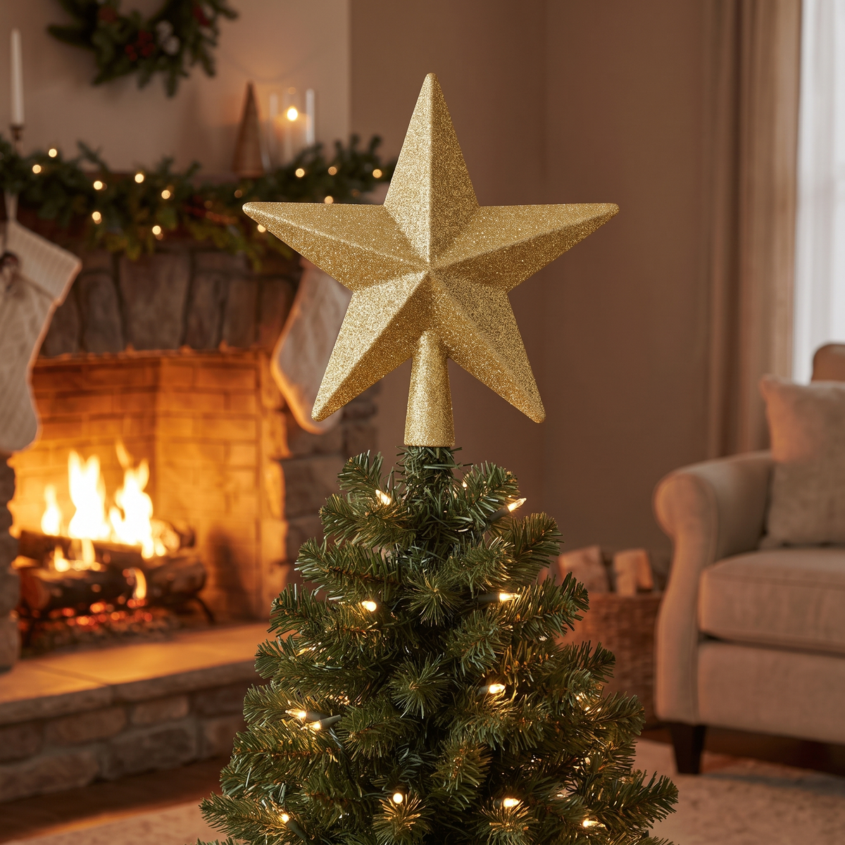 Gold Glitter Star Christmas Tree Topper – 19cm – styled in a room