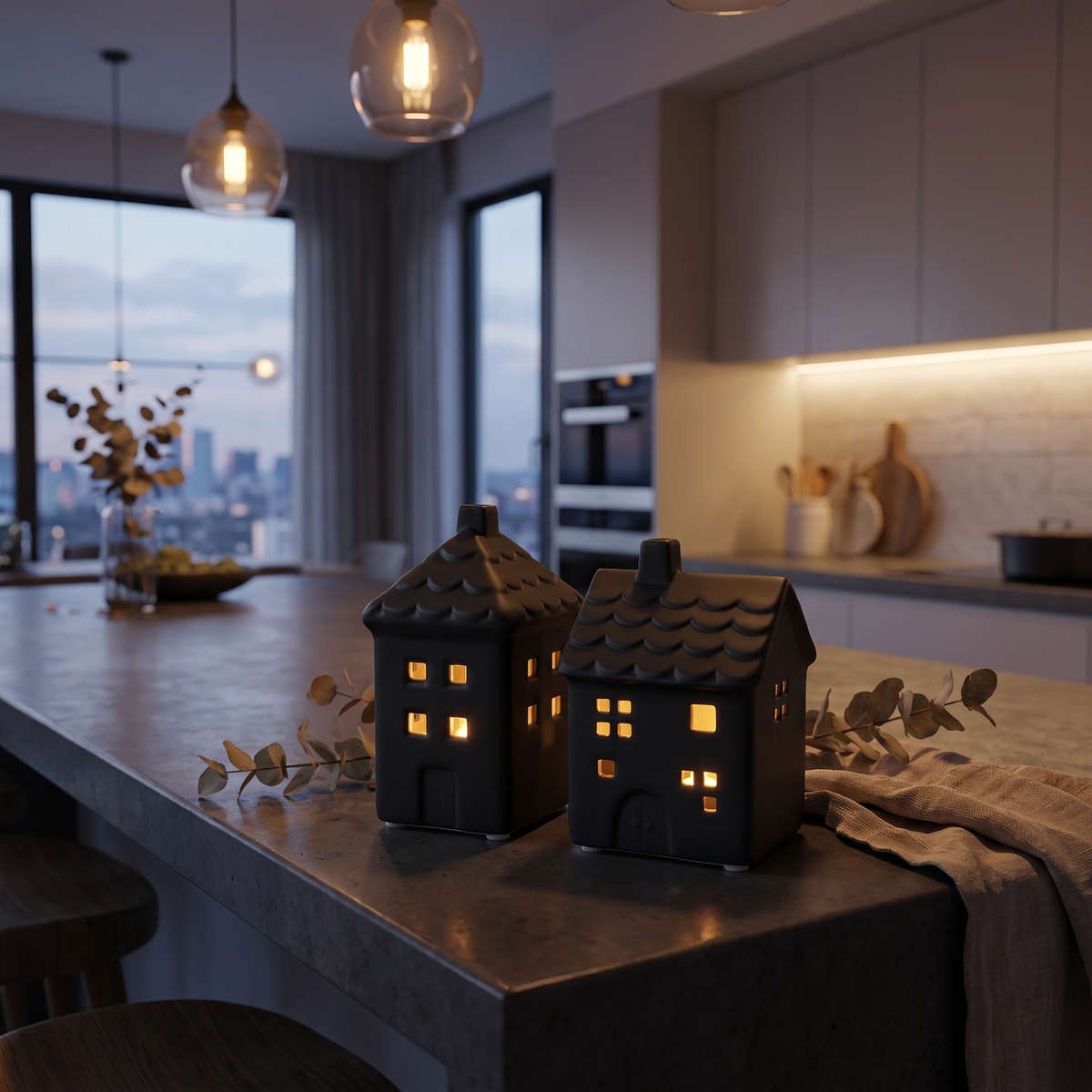 Matte Black LED Ceramic Houses – Set of 2 – styled in a room