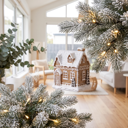 Mini Piped Gingerbread House Ornament with Chimney – 10cm – styled in a room