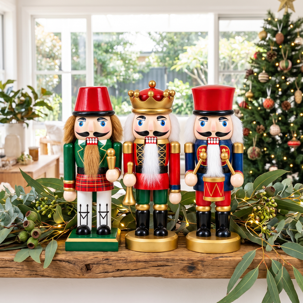 Hand-Painted Wooden Guard Nutcrackers – Set of 3, 17cm – styled in a room