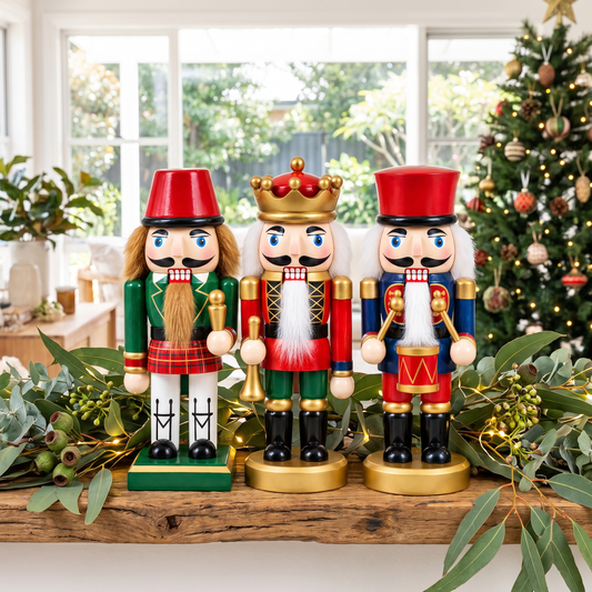 Hand-Painted Wooden Guard Nutcrackers – Set of 3, 17cm – styled in a room