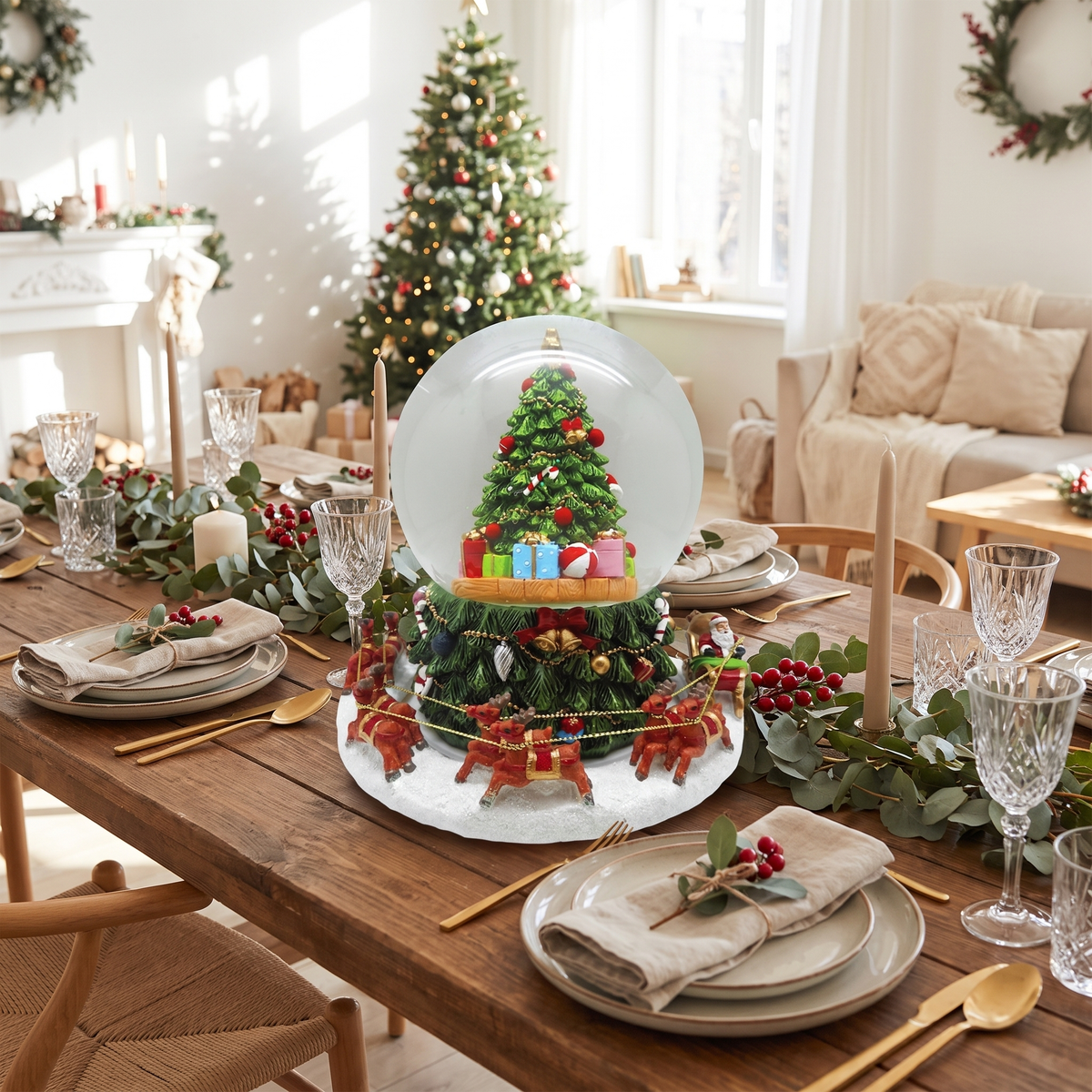 Revolving Musical Santa & Christmas Tree Snow Globe – 12cm – styled in a room