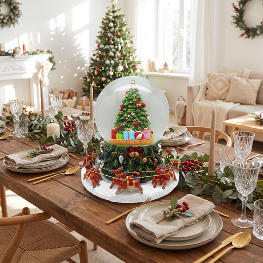 Revolving Musical Santa & Christmas Tree Snow Globe – 12cm – styled in a room