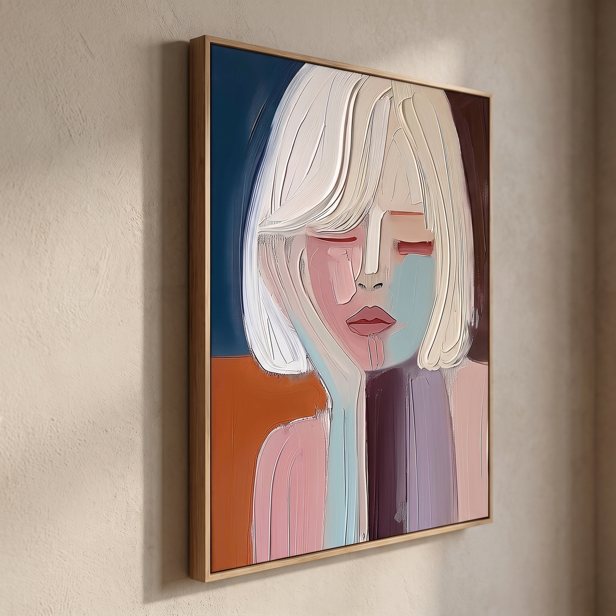 Muse Colourful Textured Portrait Canvas – Hand-Painted Plaster Wall Art – side angle showing texture