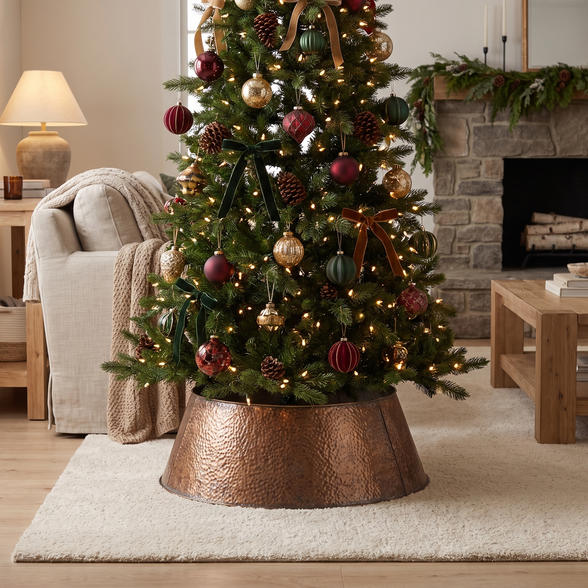 Embossed Copper Christmas Tree Collar – 80cm – styled in a room
