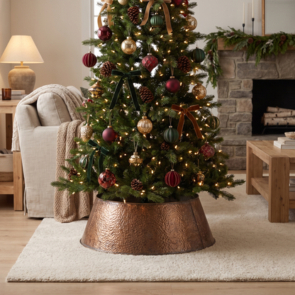 Embossed Copper Christmas Tree Collar – 80cm – styled in a room