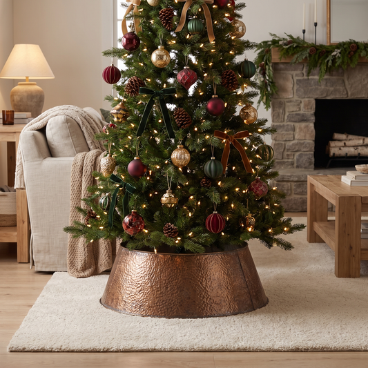 Embossed Copper Christmas Tree Collar – 80cm – styled in a room