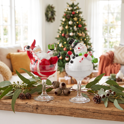 Santa & Snowman in Champagne Glasses Figurines – Set of 2, 19cm – styled in a room