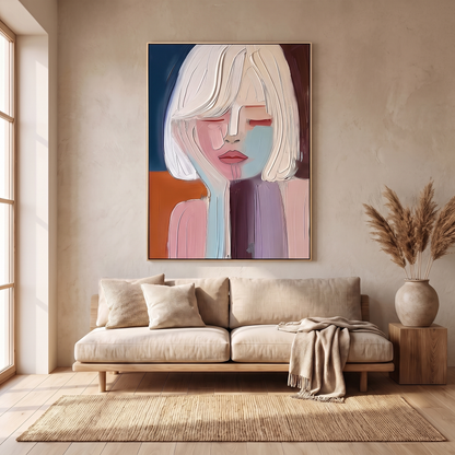 Muse Colourful Textured Portrait Canvas – Hand-Painted Plaster Wall Art – shown in a room for scale