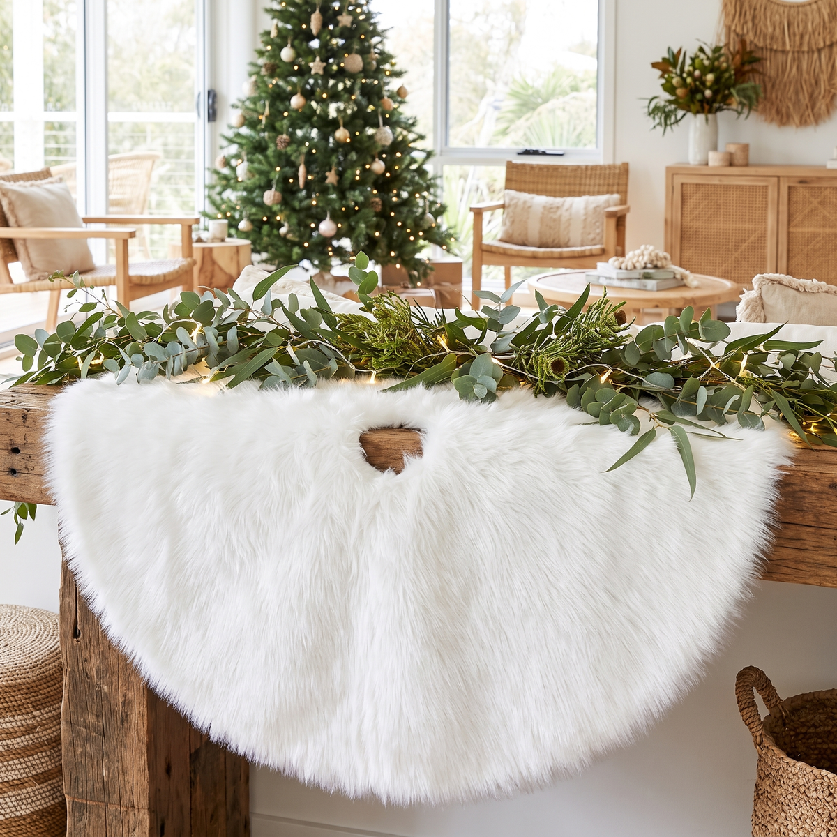 White Plush Faux Fur Christmas Tree Skirt – 90cm – styled in a room