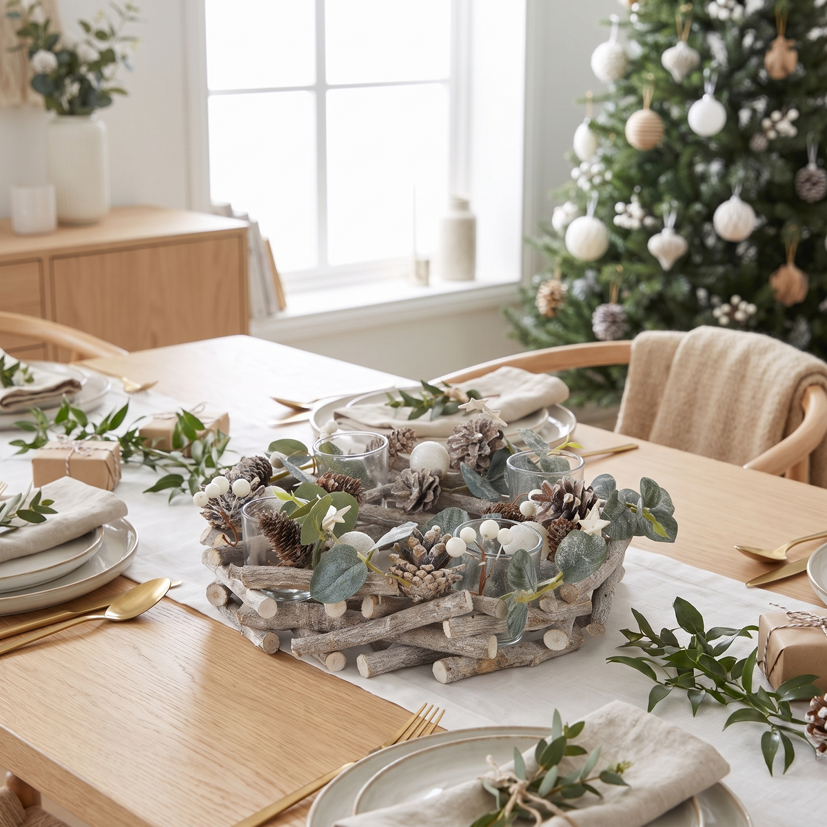 Snowy Eucalyptus 4-Candle Christmas Centrepiece – 30cm – styled in a room