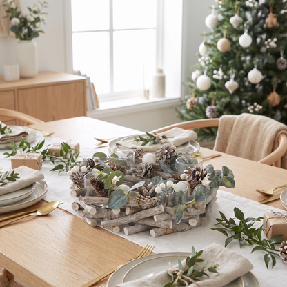 Snowy Eucalyptus 4-Candle Christmas Centrepiece – 30cm – styled in a room