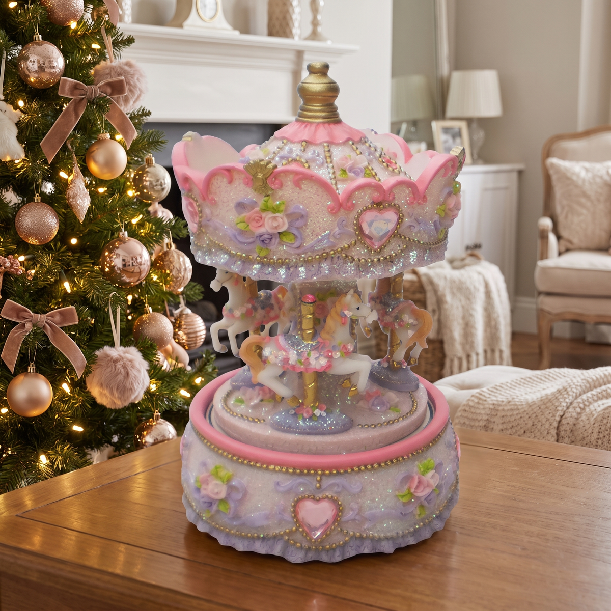 Musical Carousel with Three Horses & Canopy – 16.5cm – styled in a room