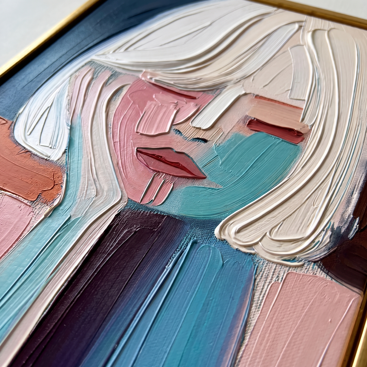 Muse Colourful Textured Portrait Canvas – Hand-Painted Plaster Wall Art – close-up detail