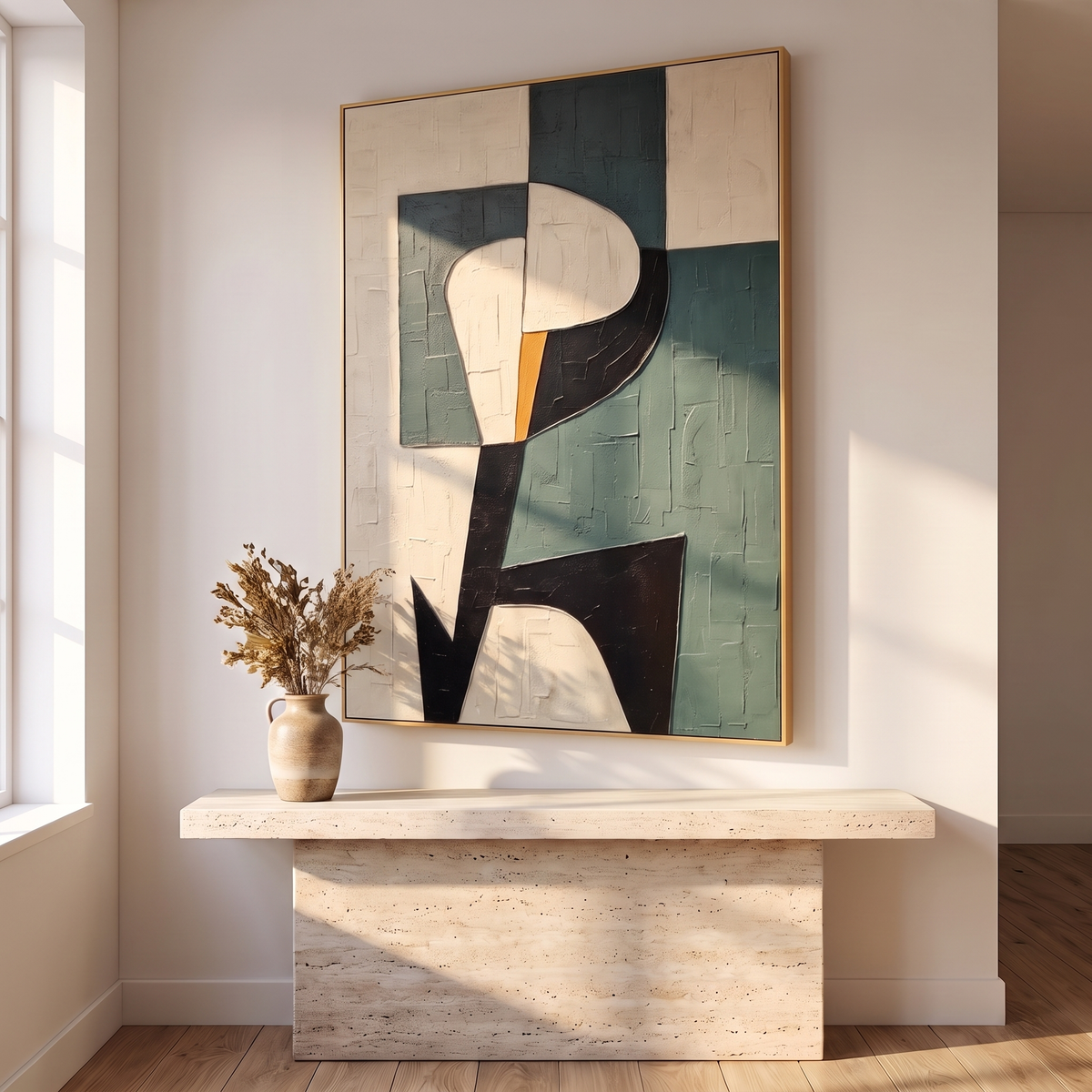 Sage & Sand Textured Abstract Canvas – Hand-Painted Wabi-Sabi Wall Art – side angle showing texture