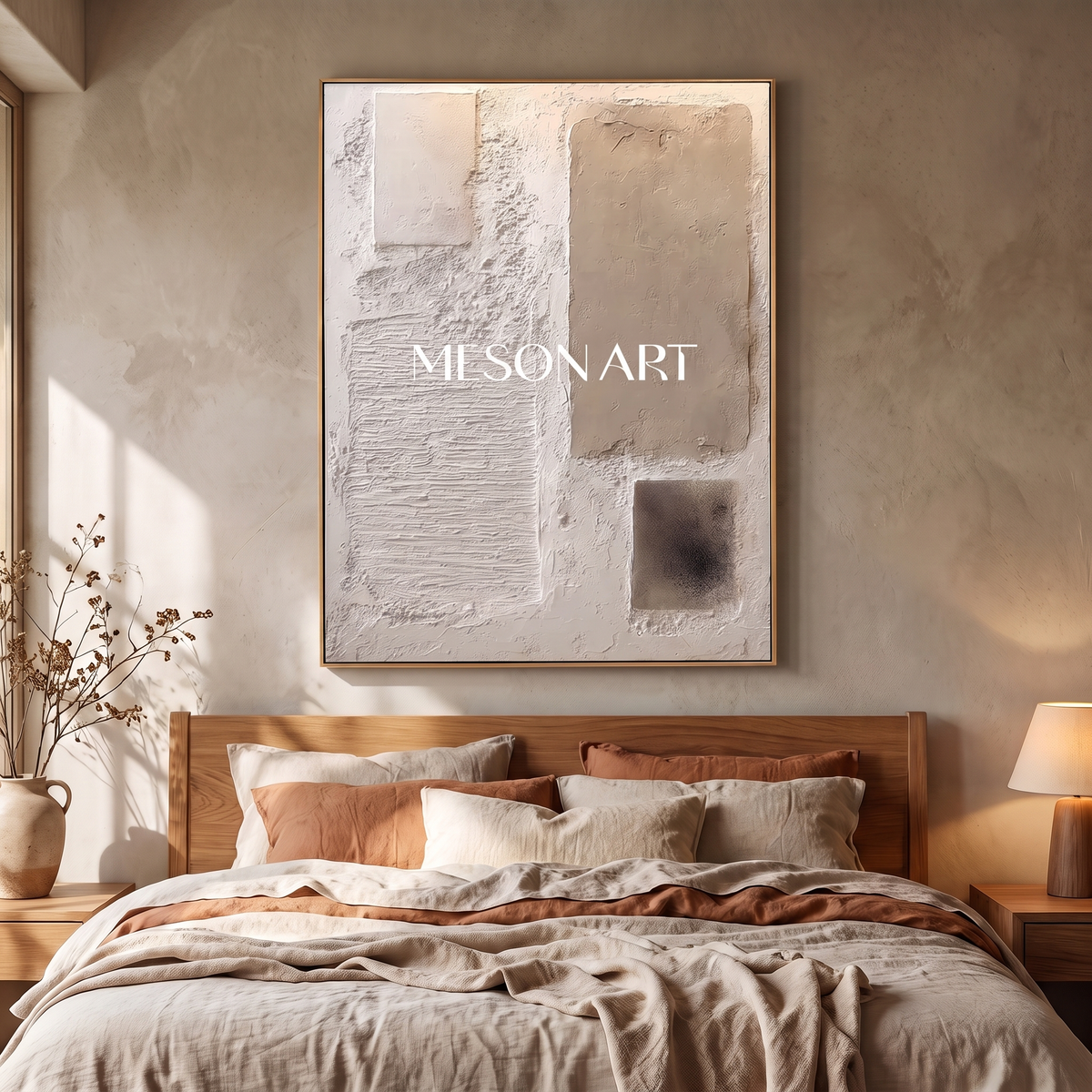Ivory Drift 3D Textured Abstract Canvas – Hand-Painted Wabi-Sabi Art – shown in a room for scale