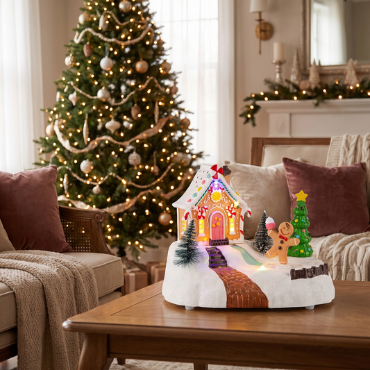 Musical Light-Up Gingerbread House Scene – 20cm – styled in a room