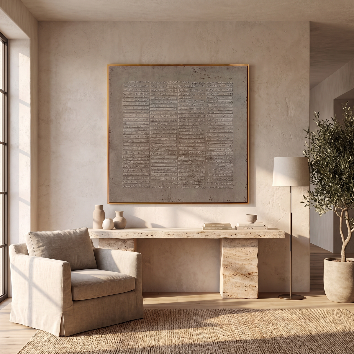 Taupe Earth Textured Wabi-Sabi Canvas – Hand-Painted Square Wall Art – shown in a room for scale