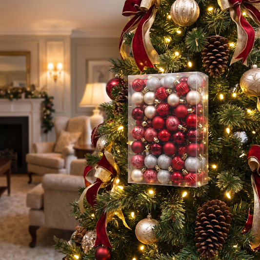 Red & Champagne Shatterproof Mini Bauble Set – 99 Piece, 3cm – styled in a room