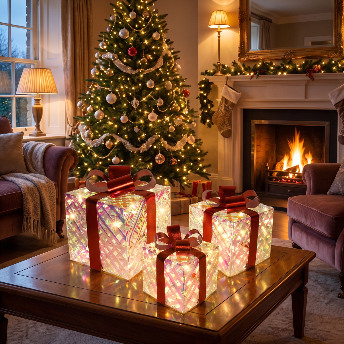 Iridescent LED Light-Up Gift Boxes with Red Bows – Set of 3 – styled in a room