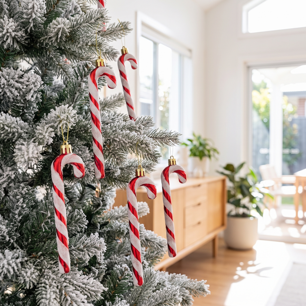 Red & White Glitter Candy Cane Ornaments – Set of 6, 13cm – styled in a room
