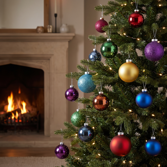 Rainbow Glass Christmas Baubles – 24 Pack, 6cm – styled in a room