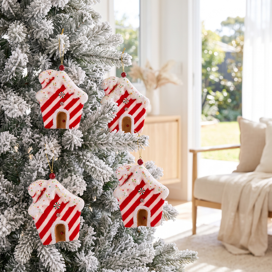 Peppermint Candy Gingerbread House Ornaments – Set of 4, 18cm – styled in a room