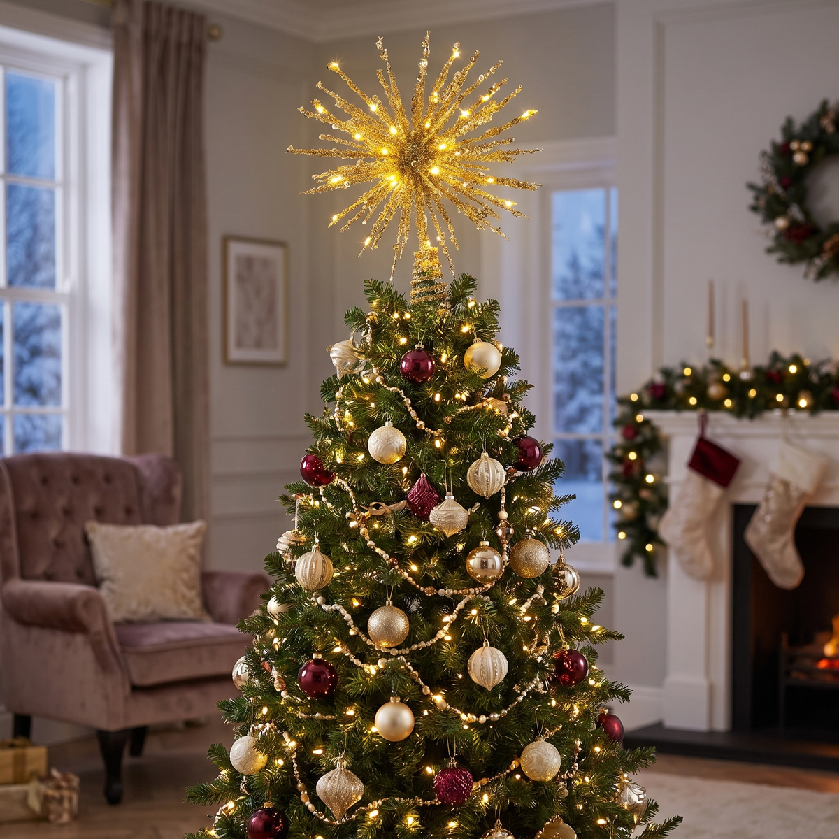 Gold LED Starburst Christmas Tree Topper – 32cm – styled in a room