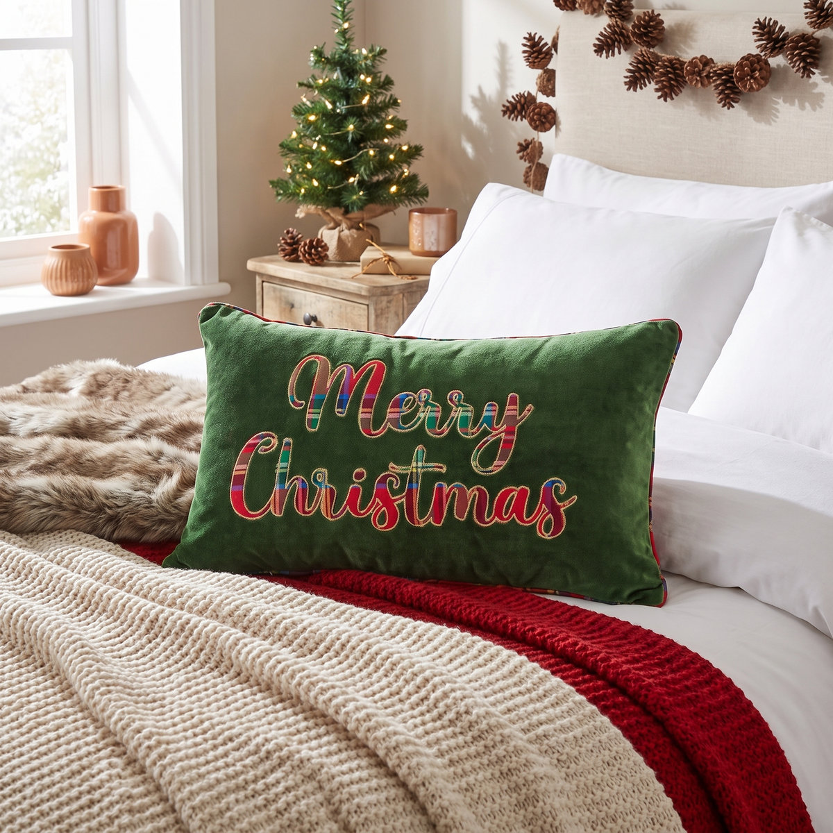 Green Velvet Merry Christmas Tartan Cushion Cover – styled in a room