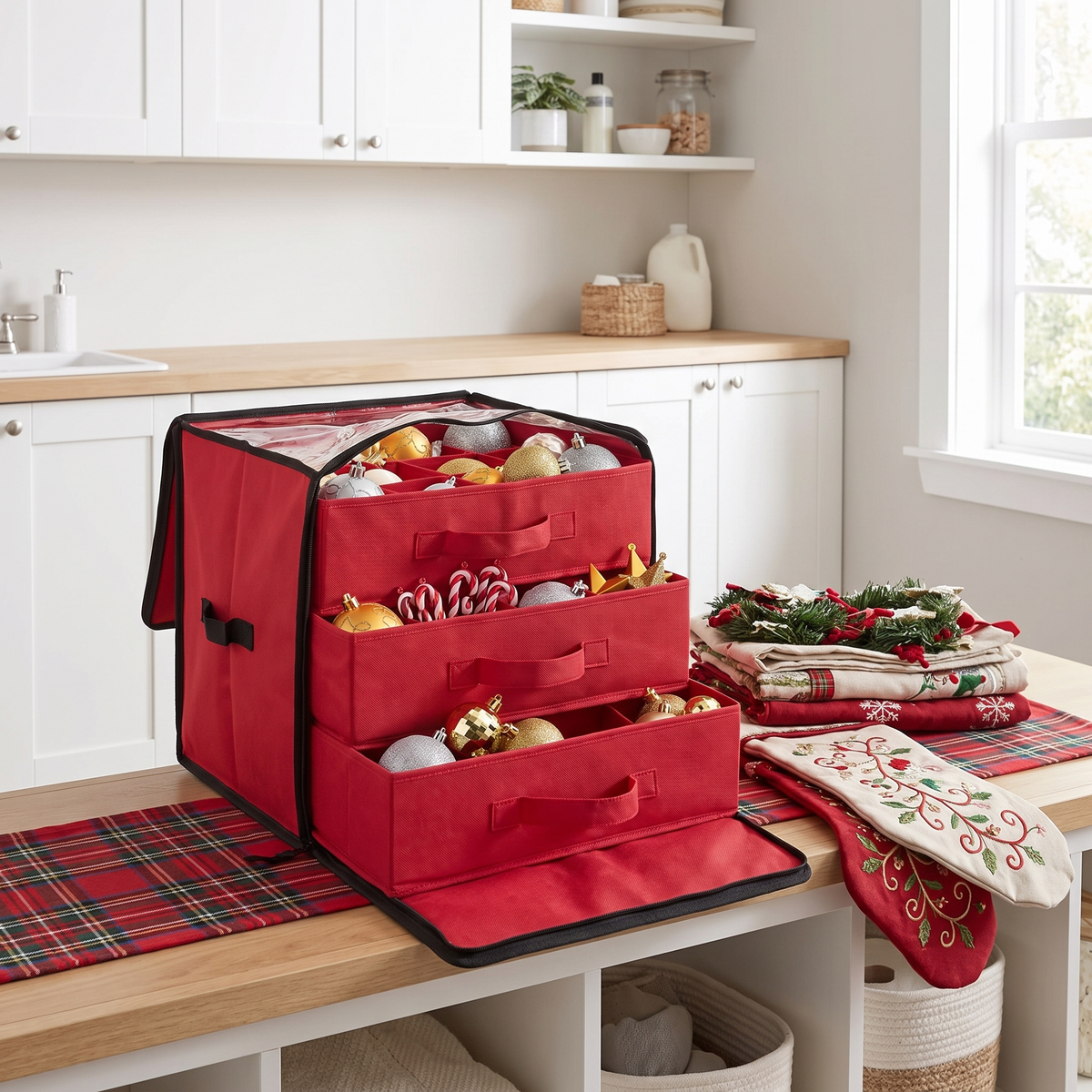 Three-Tier Bauble Storage Box – Holds 48 Ornaments – styled in a room