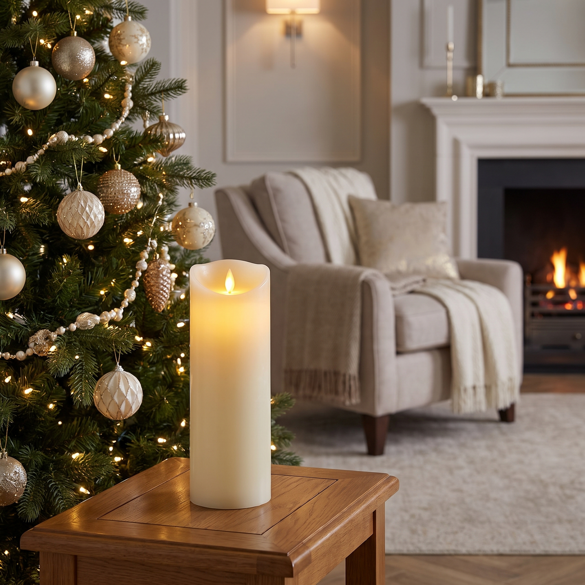 Ivory Real Wax LED Pillar Candle with Remote – 17.5cm – styled in a room