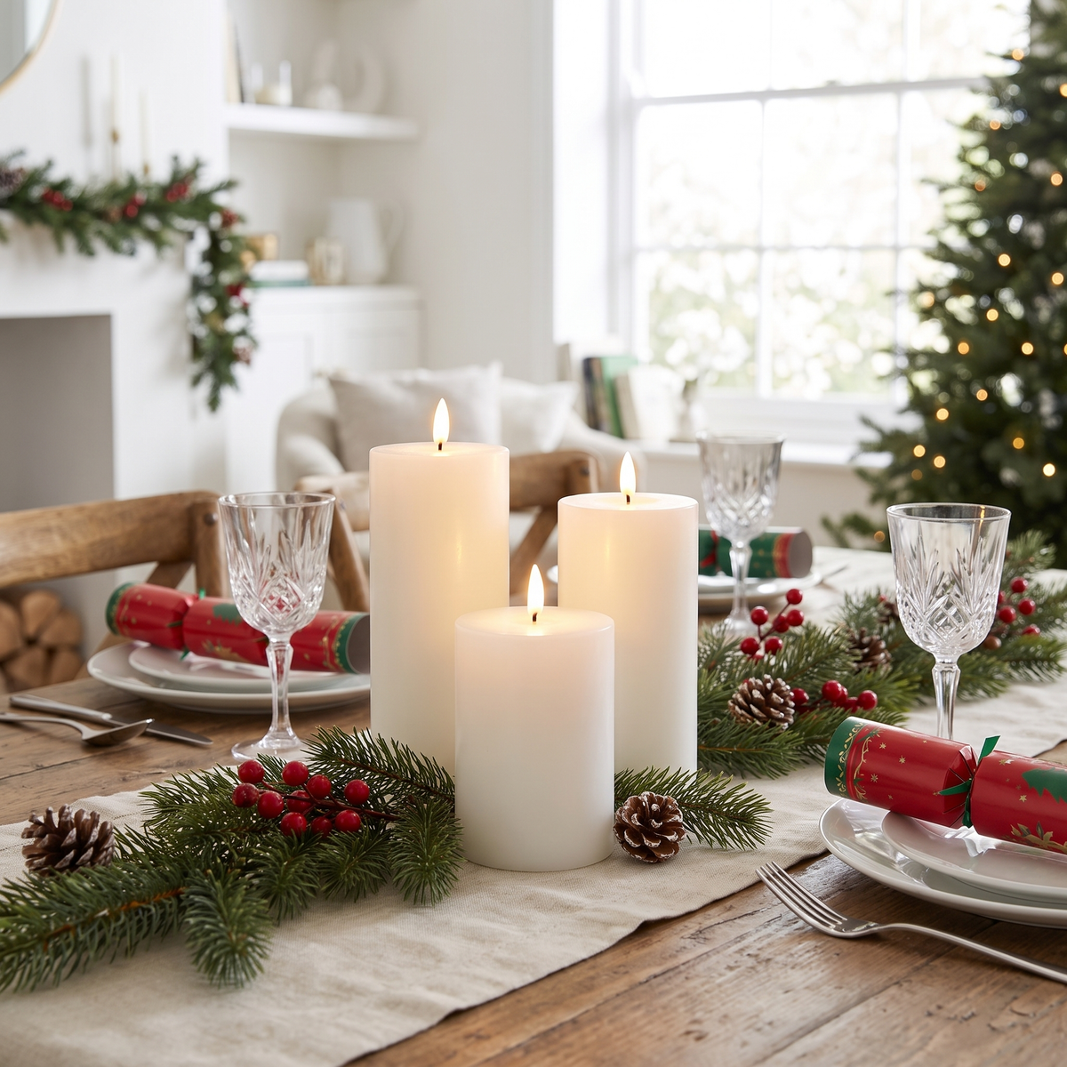White Wax Flameless LED Pillar Candle – 8cm Wide – styled in a room