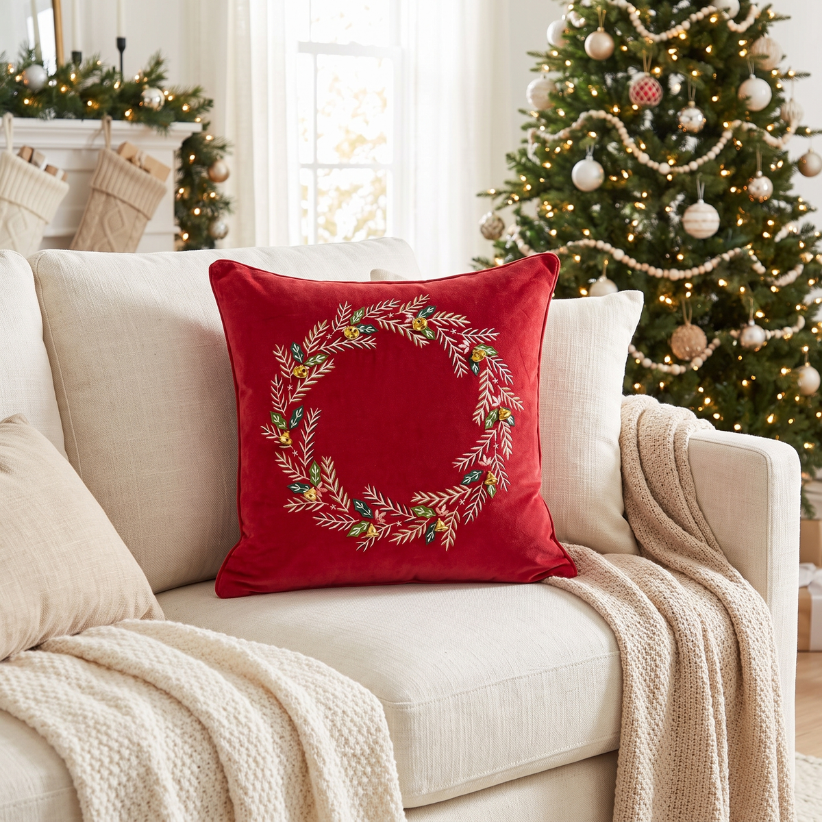 Red Velvet Embroidered Wreath Christmas Cushion Cover – styled in a room