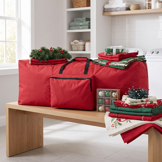 Red Christmas Tree Storage Bag with Handles – Fits 7ft Trees – styled in a room