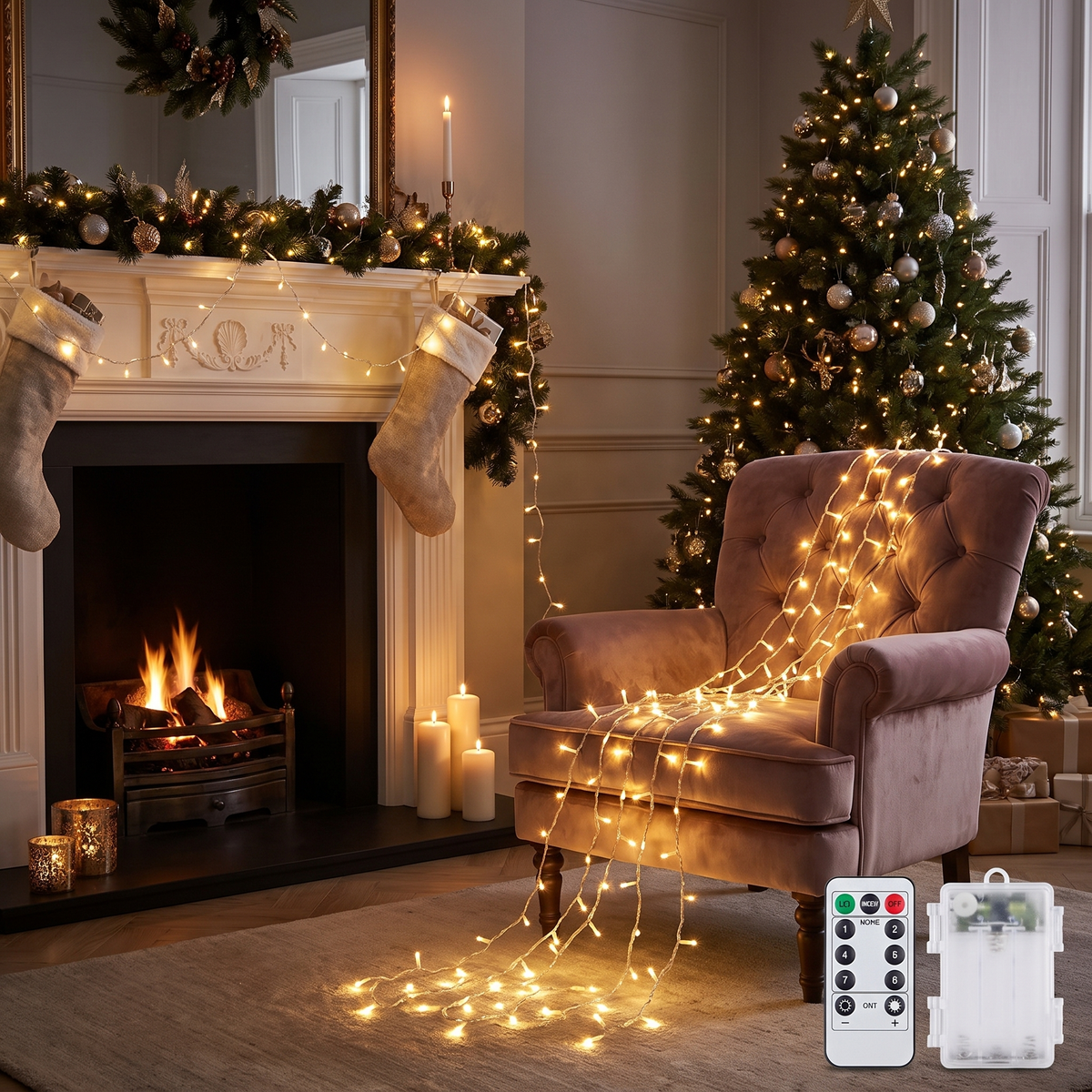 Cool White Battery Fairy Lights with Remote – 400 LED, 32m – styled in a room