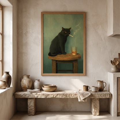 Noir Cat with Whiskey Vintage Portrait Print – Framed Eclectic Wall Art – styled in a room