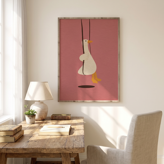 Swinging Goose Whimsical Vintage-Style Print – Framed Wall Art – styled in a room