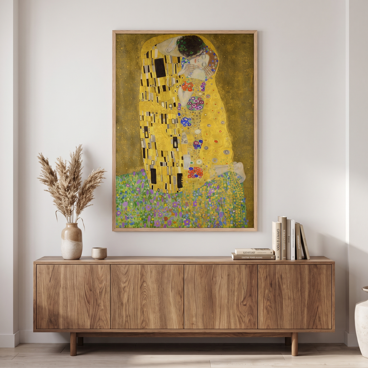 The Kiss by Gustav Klimt – Framed Gold Art Nouveau Art Print – styled in a room
