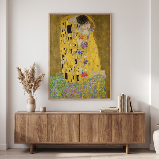 The Kiss by Gustav Klimt – Framed Gold Art Nouveau Art Print – styled in a room