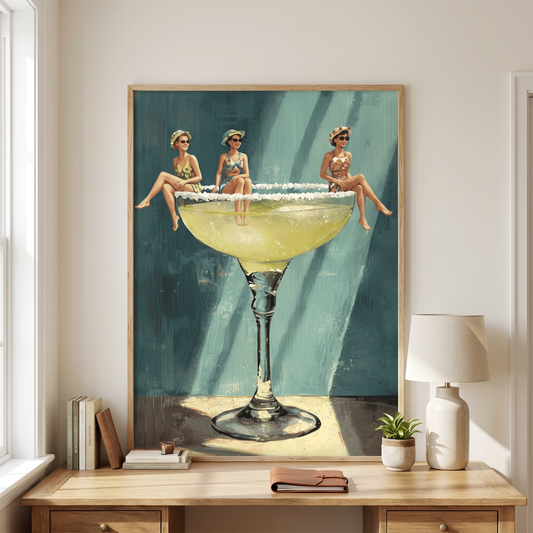 Salt Rim Retro Martini Glass Print – Framed Cocktail Bar Wall Art – styled in a room