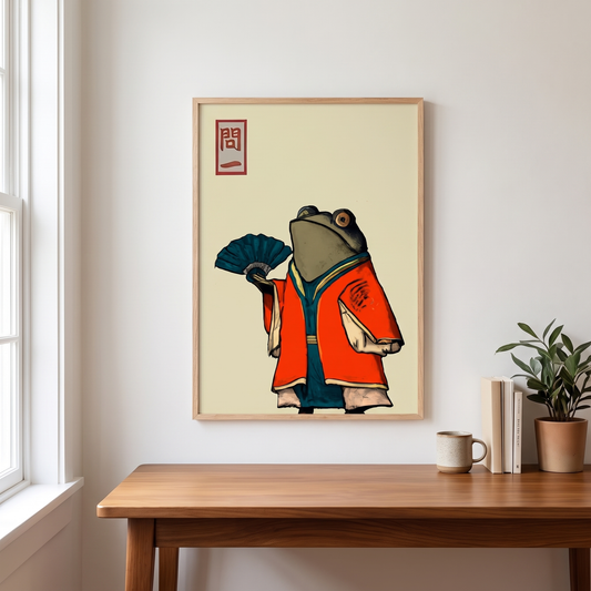 Vintage Japanese Frog with Fan Ukiyo-e Print – Framed Wall Art – styled in a room
