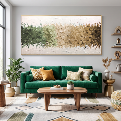 Autumn Mosaic Green & Gold Textured Abstract Canvas – Hand-Painted – styled in a room