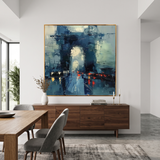 Paris Arc de Triomphe Blue City Canvas – Hand-Painted Oil Wall Art – styled in a room