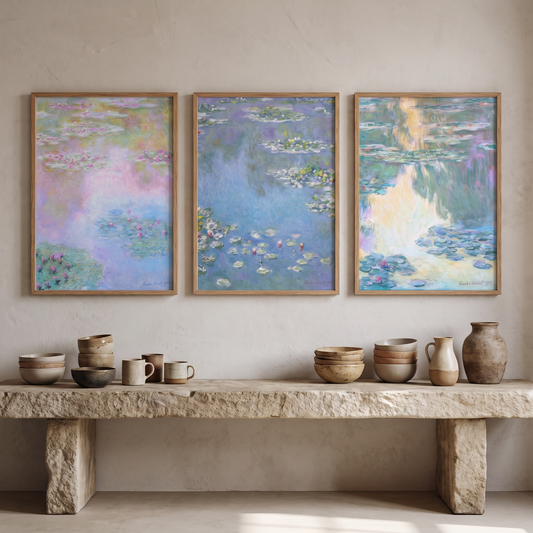 Claude Monet Exhibition Posters Set of 3 – Framed Water Lily Art Prints – styled in a room