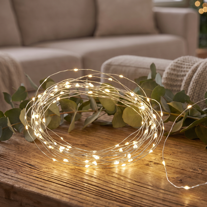 Warm White Twinkle Micro LED Lights on Silver Wire – 100 LED, 4.9m – close-up detail