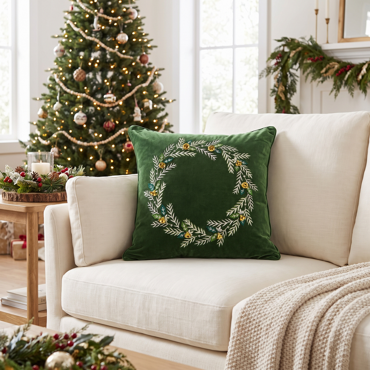 Green Velvet Embroidered Wreath Christmas Cushion Cover – styled in a room