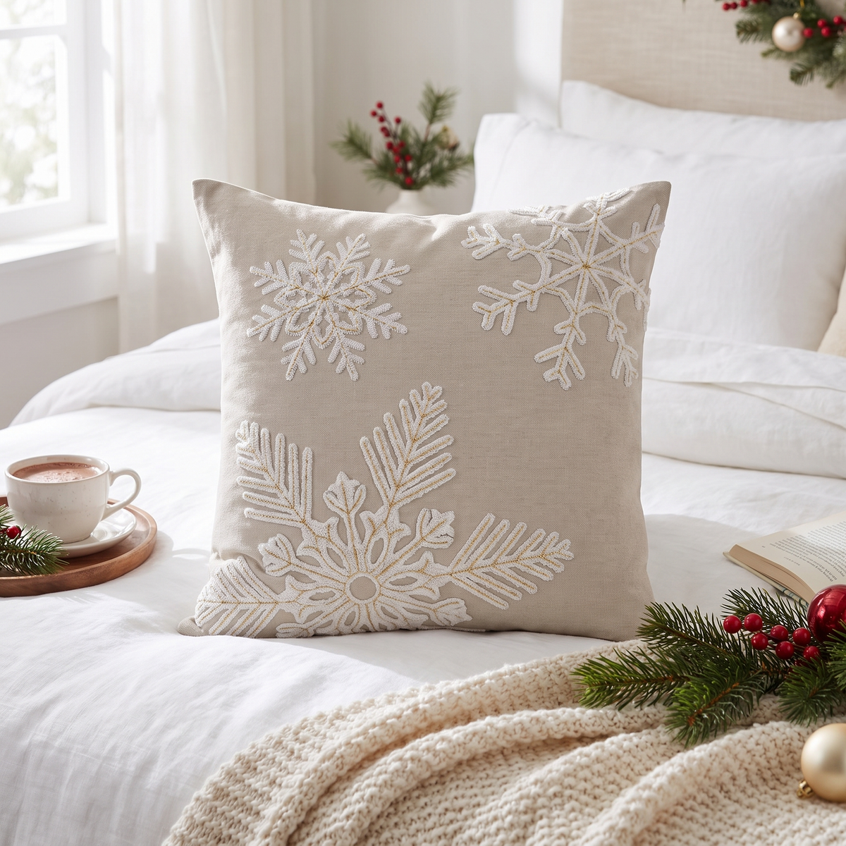 Beige & White Snowflake Christmas Cushion Cover – 50cm – styled in a room