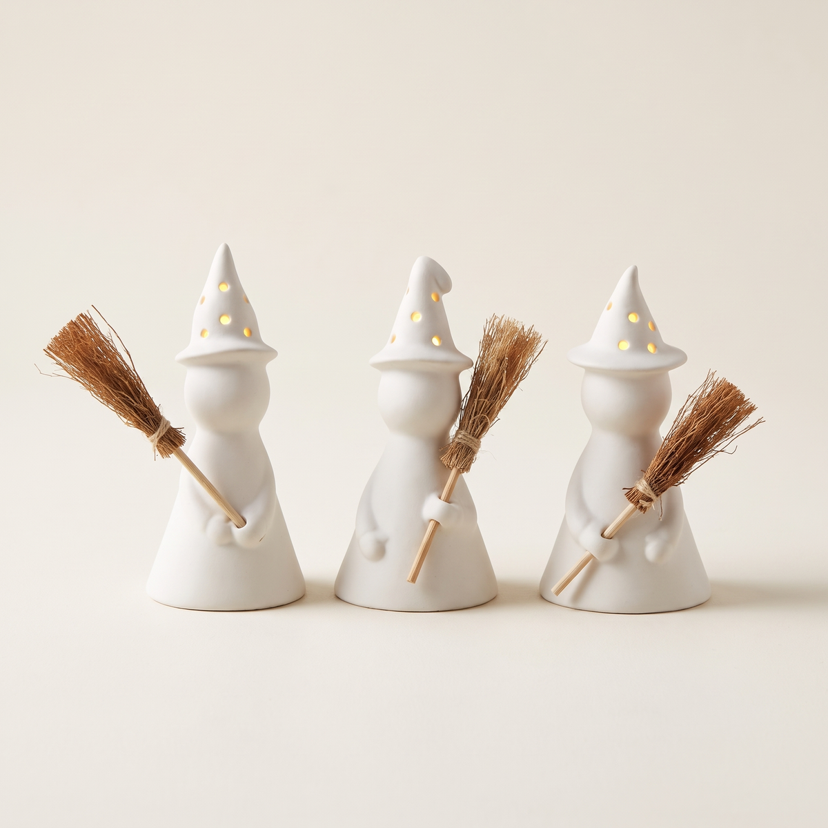 LED Ceramic Witches with Broomsticks – Set of 3 – studio view