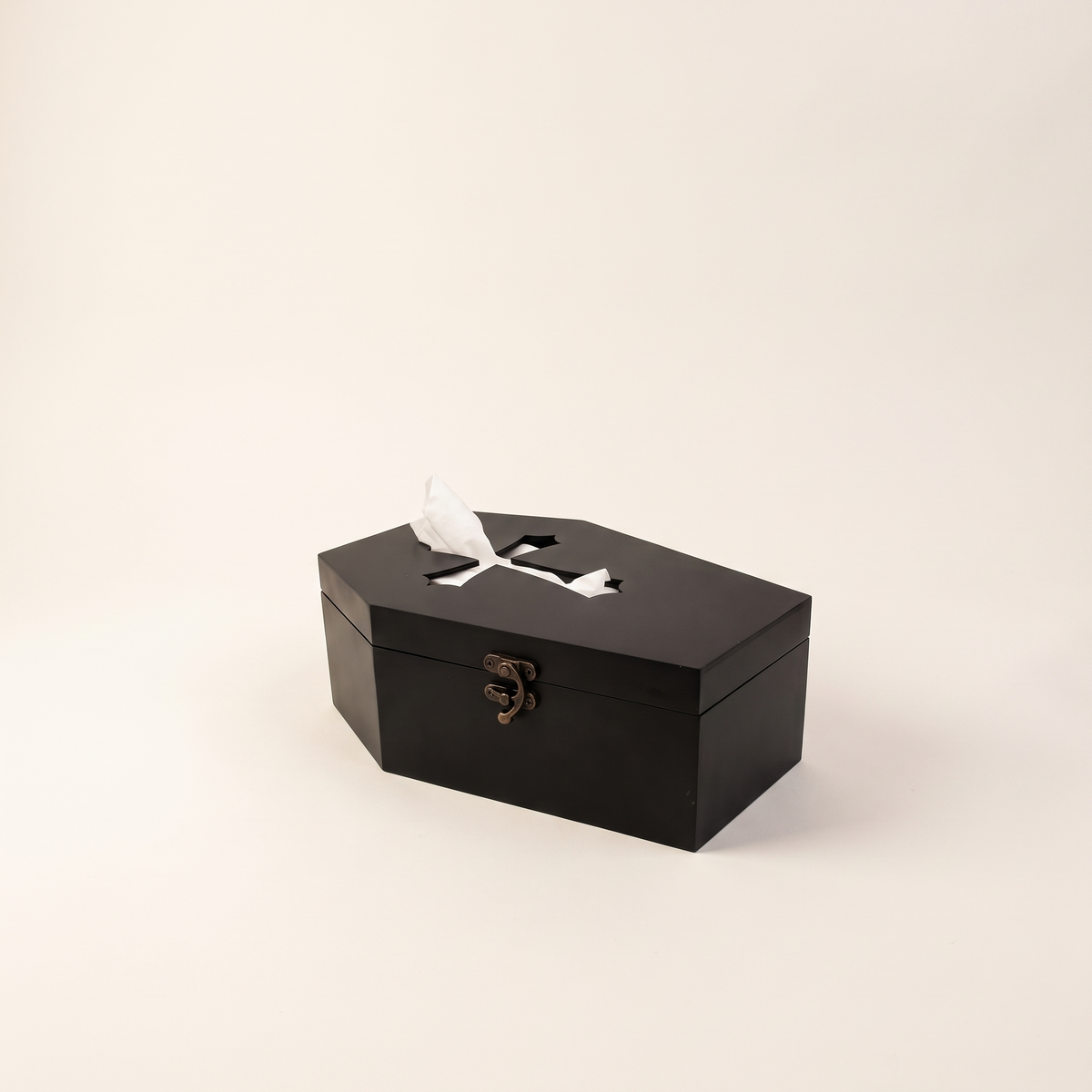 Black Coffin Tissue Box with Gothic Cross Cut-Out – studio view